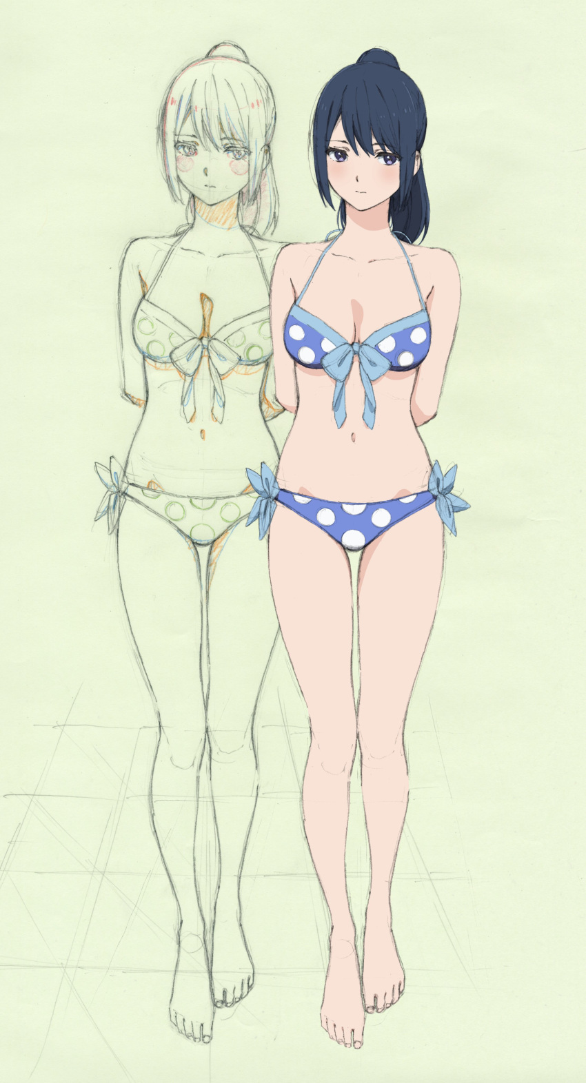 1girl absurdres arms_behind_back bare_shoulders bikini blue_bikini blue_hair breasts cleavage closed_mouth collarbone graphite_(medium) hibike!_euphonium highres liz_to_aoi_tori long_hair medium_breasts polka_dot ponytail red_eyes shitaya_tomoyuki solo standing swimsuit traditional_media yoroizuka_mizore