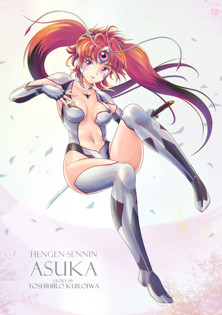 1girl antennae arm_up asuka_(hengen_sennin_asuka) bodysuit boots breasts brown_hair center_opening character_name commentary_request copyright_name fingerless_gloves forehead_jewel gloves hengen_sennin_asuka highres leotard long_hair magical_girl navel open_mouth partial_commentary purple_eyes skin_tight smile solo sword tamanegiinyo thigh_boots thighhighs twintails weapon white_gloves white_legwear white_leotard