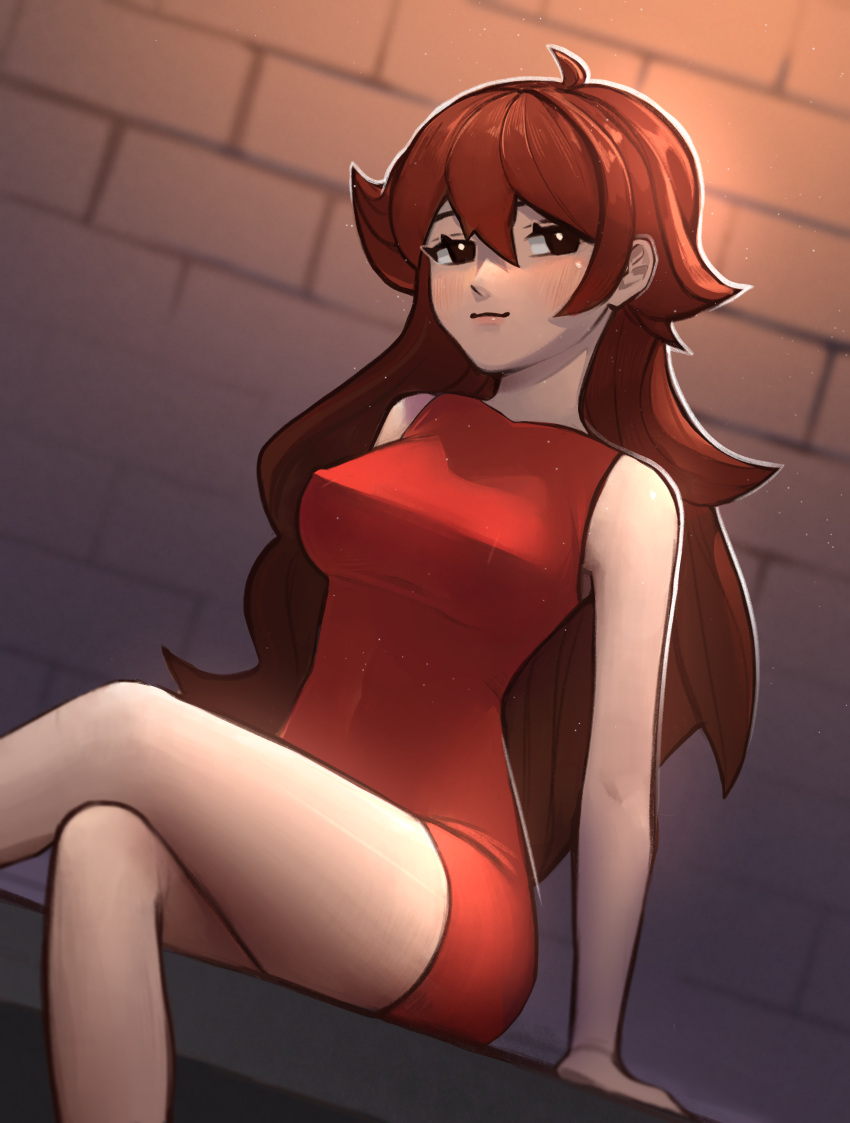 1girl :p absurdres ahoge auburn_hair bare_arms bare_legs blush breasts covered_nipples dress friday_night_funkin' girlfriend_(friday_night_funkin') highres long_hair looking_at_viewer nipples nude obychny one_eye_closed red_dress sitting tongue tongue_out