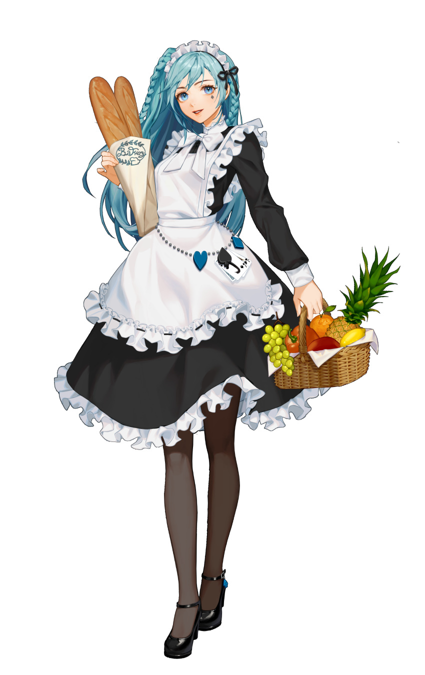 1girl absurdres aqua_hair baguette bangs basket black_footwear black_survival blue_eyes braid bread brown_legwear card collar collared_dress dress emma_hardy facial_mark fingernails food fruit full_body grapes hair_between_eyes heart highres holding holding_basket lips long_hair long_sleeves looking_at_viewer maid maid_headdress official_alternate_costume official_art orange_(food) pantyhose parted_lips pineapple playing_card shoes smile solo standing transparent_background yamakawa