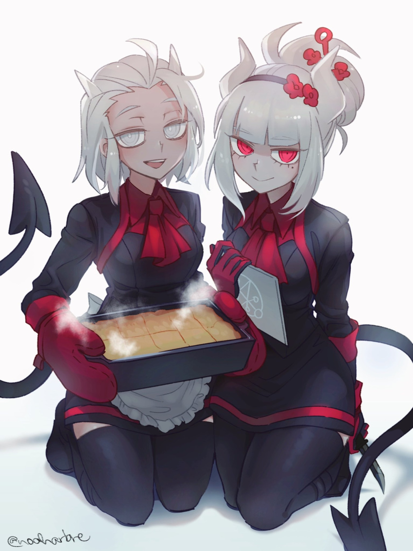 2girls :d apple_pie apron bangs black_hairband black_legwear blunt_bangs bow bowtie commentary_request demon_tail dress eyebrows_visible_through_hair flower gloves grey_eyes hair_flower hair_ornament hairband helltaker highres holding holding_knife horns justice_(helltaker) kneeling knife long_sleeves looking_at_viewer lucifer_(helltaker) mittens mole mole_under_eye multiple_girls noaharbre open_mouth red_eyes red_gloves red_neckwear simple_background smile steam tail thighhighs