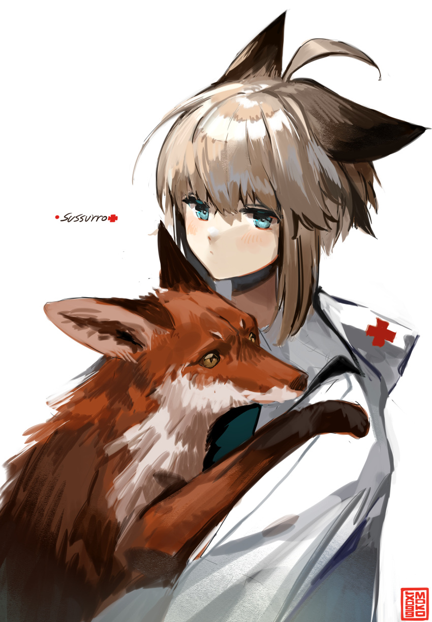 1girl absurdres ahoge animal animal_ears arknights bangs blue_eyes brown_eyes brown_fur carrying character_name closed_mouth fox fox_ears fur highres holding holding_animal jacket light_blush light_brown_hair long_sleeves looking_at_viewer looking_away moko_(moko/moko) patting red_cross short_hair short_hair_with_long_locks signature simple_background stamp sussurro_(arknights) white_background white_jacket