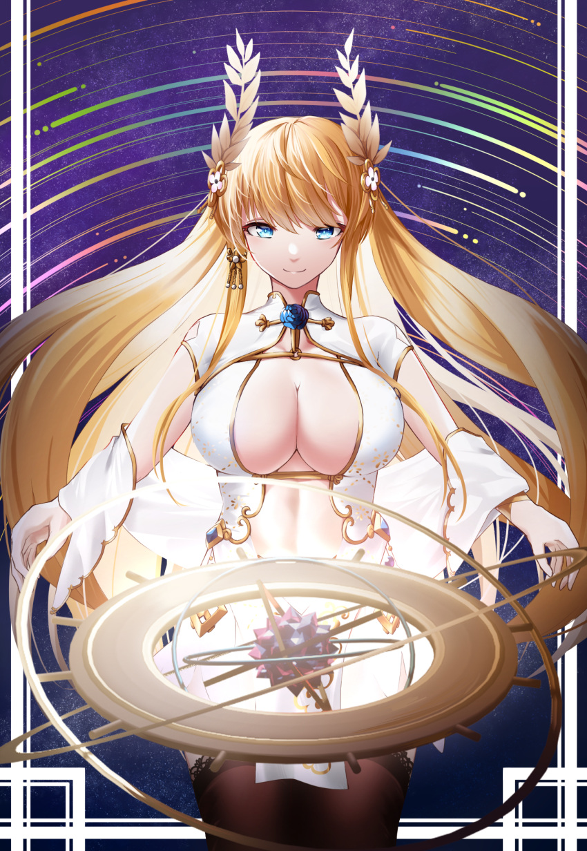 1girl azur_lane bangs black_legwear blonde_hair blue_eyes breasts center_opening china_dress chinese_clothes cleavage closed_mouth clothing_cutout commentary cowboy_shot dress eyebrows_behind_hair floating_hair gold_trim head_wreath highres lace-trimmed_legwear lace_trim large_breasts laurel_crown long_hair looking_at_viewer navel_cutout official_alternate_costume pelvic_curtain shawl sidelocks smile solo standing tagme thighhighs very_long_hair victorious_(azur_lane) victorious_(guidance_of_the_spring_goddess)_(azur_lane) white_dress white_shawl winterfall_(artenh)