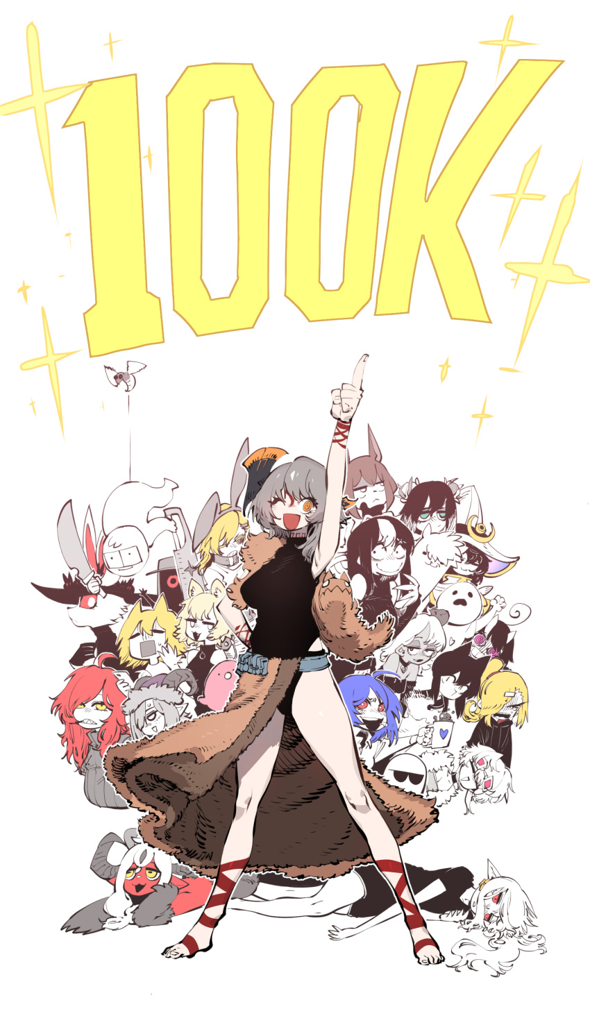 6+girls :d absurdres ahoge animal_ears axe axehorn_(ssambatea) barefoot belt belt_pouch black_leotard blonde_hair borrowed_character brown_hair cat_ears character_name choker cup curled_horns d: eyewear_on_head furry grey_hair hand_up hat heart heart_choker highres holding holding_cup horns index_finger_raised leotard llama looking_at_viewer medium_hair milestone_celebration multicolored_hair multiple_girls noss_(rariatto) one_eye_closed open_mouth original parted_lips pelt pink_eyes pointy_ears pouch red_eyes red_hair ringed_eyes sharp_teeth skye_(hcnone) smile solo_focus ssambatea standing streaked_hair sunglasses teeth too_many_borrowed_characters vampire_(gogalking) waist_cape witch_hat