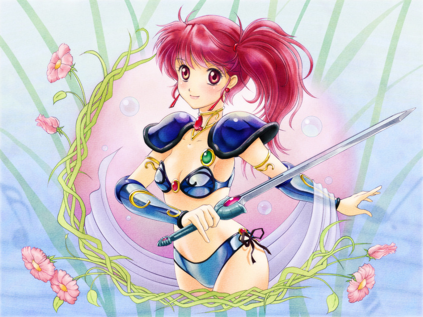 1girl armor asagiri_youko bikini_armor choker closed_mouth commentary_request earrings flower genmu_senki_leda highres holding holding_sword holding_weapon inomata_mutsumi_(style) jewelry parody partial_commentary pauldrons red_eyes red_hair sash short_hair shoulder_armor side_ponytail smile solo style_parody sword tamanegiinyo weapon