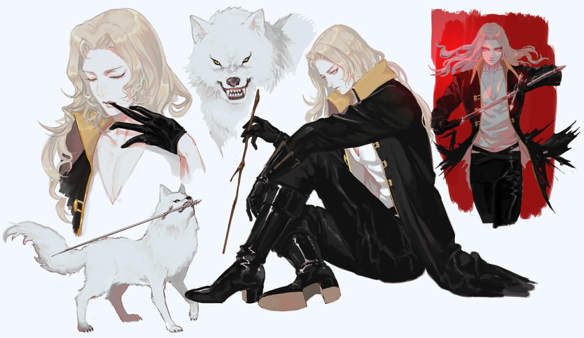 1boy alucard_(castlevania) androgynous angry animal belt bishounen black_belt black_cape black_footwear black_gloves black_pants blonde_hair boots cape castlevania castlevania_(netflix) closed_eyes closed_mouth collage cropped_legs european_clothes fangs full_body glove_pull gloves high_collar highres holding holding_stick holding_sword holding_weapon long_hair looking_at_viewer looking_down male_cleavage male_focus nightarmster pants red_background sheath shirt simple_background sitting snout solo stick sword tail teeth_hold unsheathing weapon white_background white_shirt white_wolf yellow_eyes
