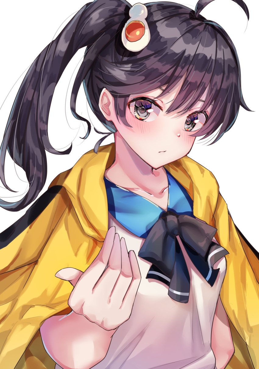 1girl absurdres ahegao araragi_karen black_eyes black_hair black_ribbon blue_collar collar collarbone egg egg_hair_ornament food_themed_hair_ornament hair_between_eyes hair_ornament highres jacket jacket_on_shoulders looking_at_viewer monogatari_(series) neck_ribbon outstretched_hand ponytail ribbon school_uniform yellow_jacket yuunamida_uyu