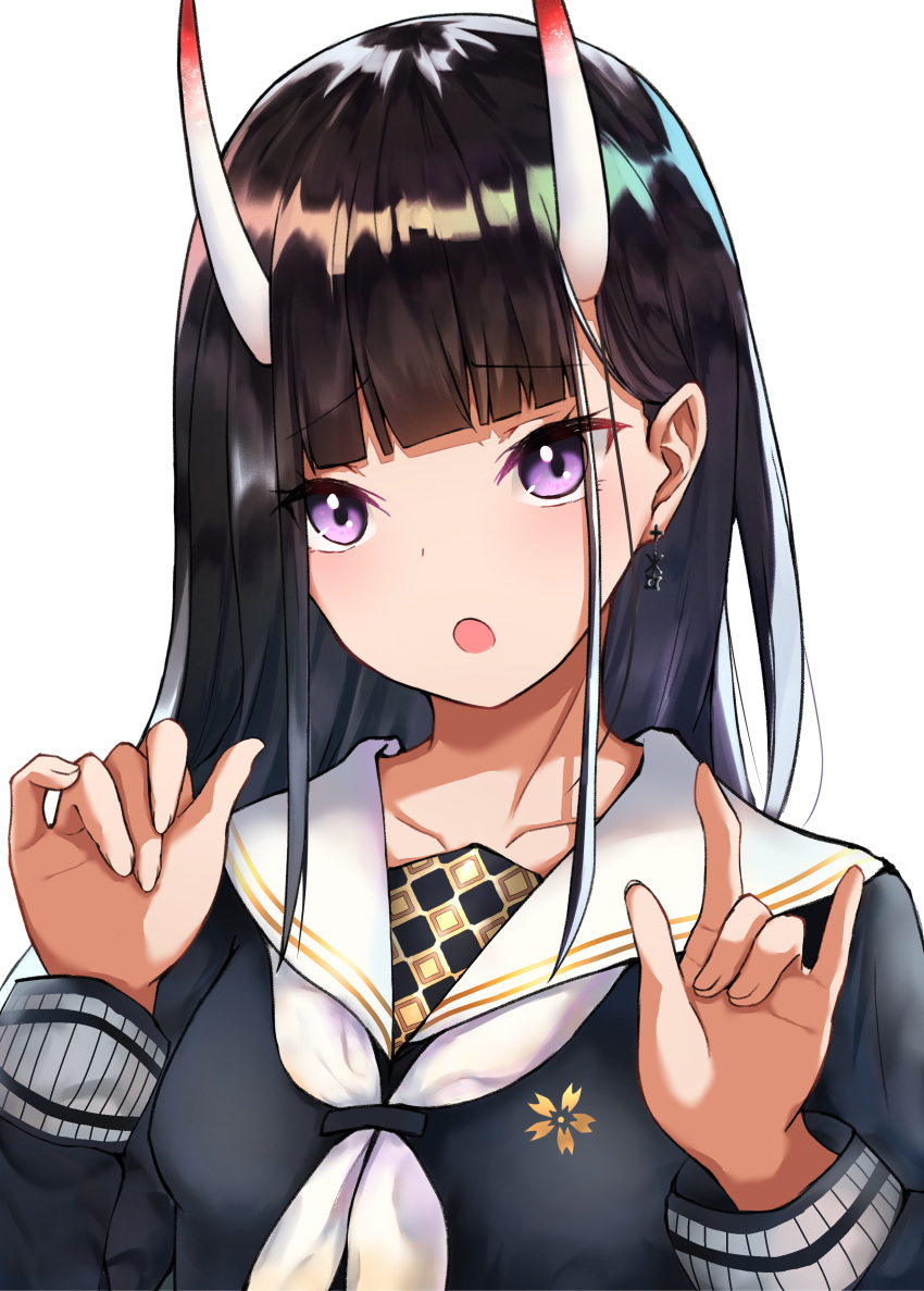 1girl absurdres azur_lane bangs black_hair blunt_bangs breasts collarbone earrings eyebrows_visible_through_hair highres horns jewelry lim_(ramu) long_hair looking_at_viewer noshiro_(azur_lane) open_mouth purple_eyes school_uniform solo white_background