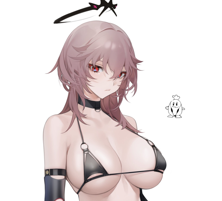 1girl armband auburn_hair azur_lane bangs bare_shoulders bikini bikini_top breasts choker cleavage collarbone duca_degli_abruzzi_(azur_lane) hair_between_eyes highres large_breasts long_hair looking_at_viewer ohisashiburi pale_skin prosthesis prosthetic_arm red_eyes simple_background solo standing swimsuit white_background