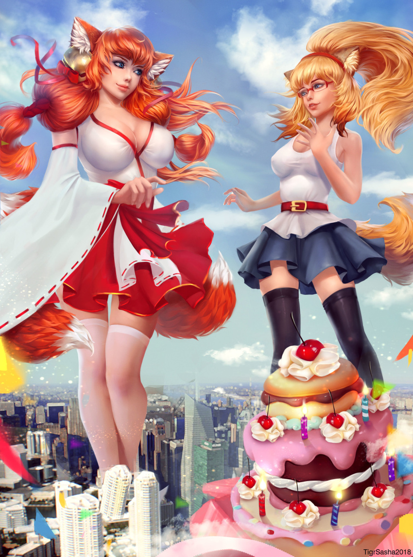 animal_ears cleavage cysh kitsune miko no_bra tail thighhighs tigrsasha