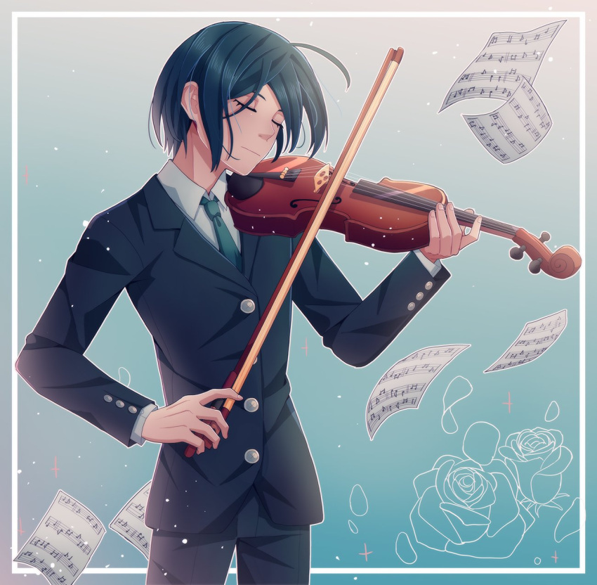 1boy ahoge alternate_costume bangs black_hair black_jacket black_pants blue_background cheer_(cheerkitty14) closed_eyes collared_shirt danganronpa_(series) danganronpa_v3:_killing_harmony english_commentary floral_print flower gradient gradient_background green_neckwear highres holding instrument jacket male_focus music musical_note necktie pants papers playing_instrument quarter_note rose saihara_shuuichi sheet_music shirt short_hair treble_clef violin