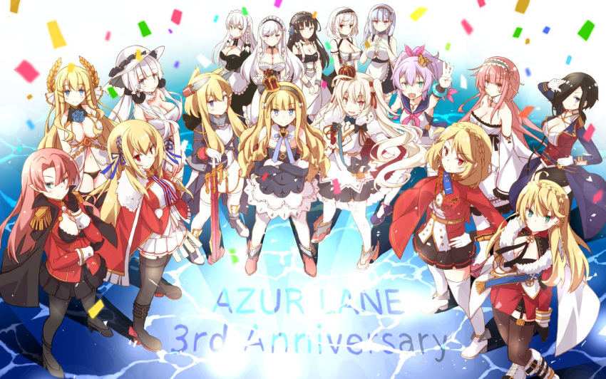 6+girls anniversary apron ark_royal_(azur_lane) azur_lane bare_shoulders belfast_(azur_lane) black_bow black_cape black_coat black_dress black_footwear black_gloves black_hair black_panties black_skirt blonde_hair blue_eyes blue_flower blue_ribbon boots bow braid breasts broken broken_chain brown_hair cape center_frills center_opening chain cleavage clothing_cutout coat confetti cross-laced_footwear crown dido_(azur_lane) dress duke_of_york_(azur_lane) epaulettes eyebrows_visible_through_hair flat_chest flower frilled_dress frills from_above gloves gold_chain green_eyes hair_ribbon hand_on_hilt headgear hermione_(azur_lane) high_heels howe_(azur_lane) illustrious_(azur_lane) jacket javelin_(azur_lane) kanzaki_sora king_george_v_(azur_lane) knee_boots large_breasts laurel_crown layered_dress long_hair looking_at_viewer looking_up maid_apron maid_headdress medium_breasts mini_crown miniskirt multiple_girls newcastle_(azur_lane) open_mouth panties pantyhose pink_hair pleated_skirt prince_of_wales_(azur_lane) purple_coat purple_eyes purple_hair purple_sailor_collar queen_elizabeth_(azur_lane) red_cape red_eyes red_jacket red_ribbon ribbon rudder_footwear sailor_collar shirt short_hair short_sleeves sirius_(azur_lane) skirt sleeveless sleeveless_dress sleeveless_shirt socks strapless strapless_dress sword thighhighs underboob underboob_cutout underwear valiant_(azur_lane) victorious_(azur_lane) waist_apron walking walking_on_liquid warspite_(azur_lane) water weapon white_dress white_footwear white_gloves white_hair white_headwear white_legwear white_shirt white_skirt yellow_eyes zettai_ryouiki