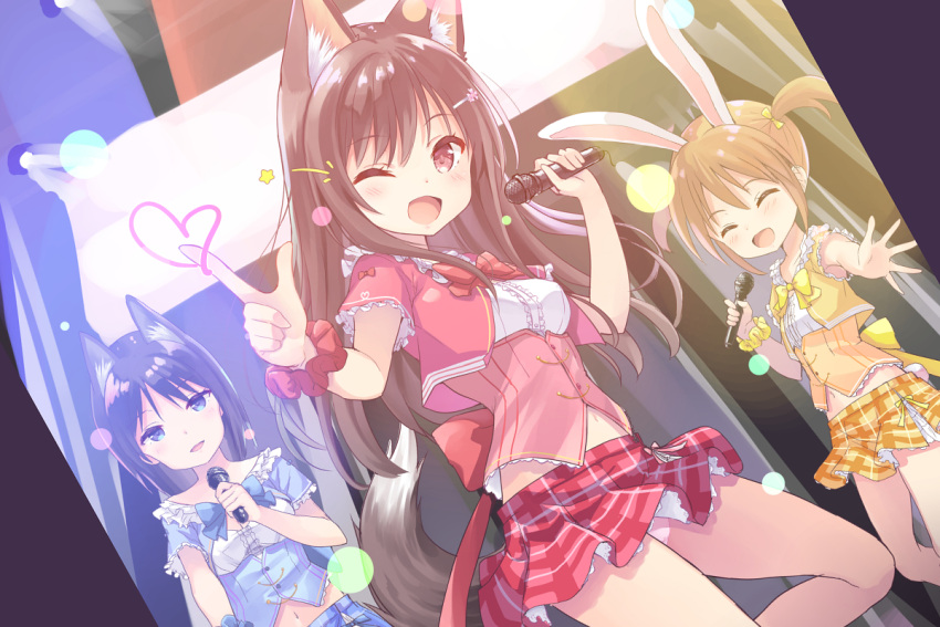 3girls :d ;d ^_^ animal_ears blue_eyes blue_hair blue_skirt bow breasts brown_hair bunny_ears closed_eyes flat_chest hair_bow idol light_brown_hair long_hair microphone miniskirt multiple_girls music navel one_eye_closed open_mouth original panties pantyshot pink_skirt plaid plaid_skirt scrunchie short_hair short_sleeves short_twintails singing skirt small_breasts smile star_(symbol) tenjou_ryuka twintails underwear wrist_scrunchie yellow_skirt