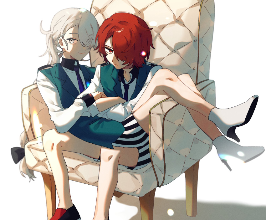 2boys bishounen_series chair crossed_arms fukuroi_mitsuru hair_over_one_eye highres ke_b_ta legs long_sleeves multiple_boys necktie ponytail red_eyes red_footwear red_hair sakiguchi_nagahiro school_uniform shorts silver_eyes sitting sitting_on_person striped striped_shorts white_footwear white_hair yubiwa_high_school_uniform