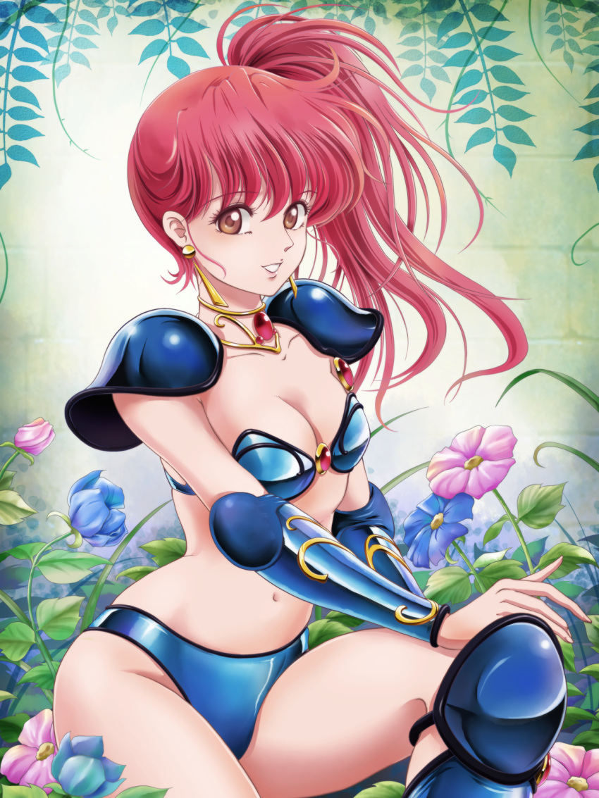 1girl armor asagiri_youko bikini_armor blue_footwear boots breasts brown_eyes choker cleavage commentary_request cowboy_shot earrings flower genmu_senki_leda hand_on_own_knee highres jewelry knee_boots long_hair looking_at_viewer medium_breasts open_mouth partial_commentary pauldrons red_hair shoulder_armor side_ponytail sitting smile solo tamanegiinyo