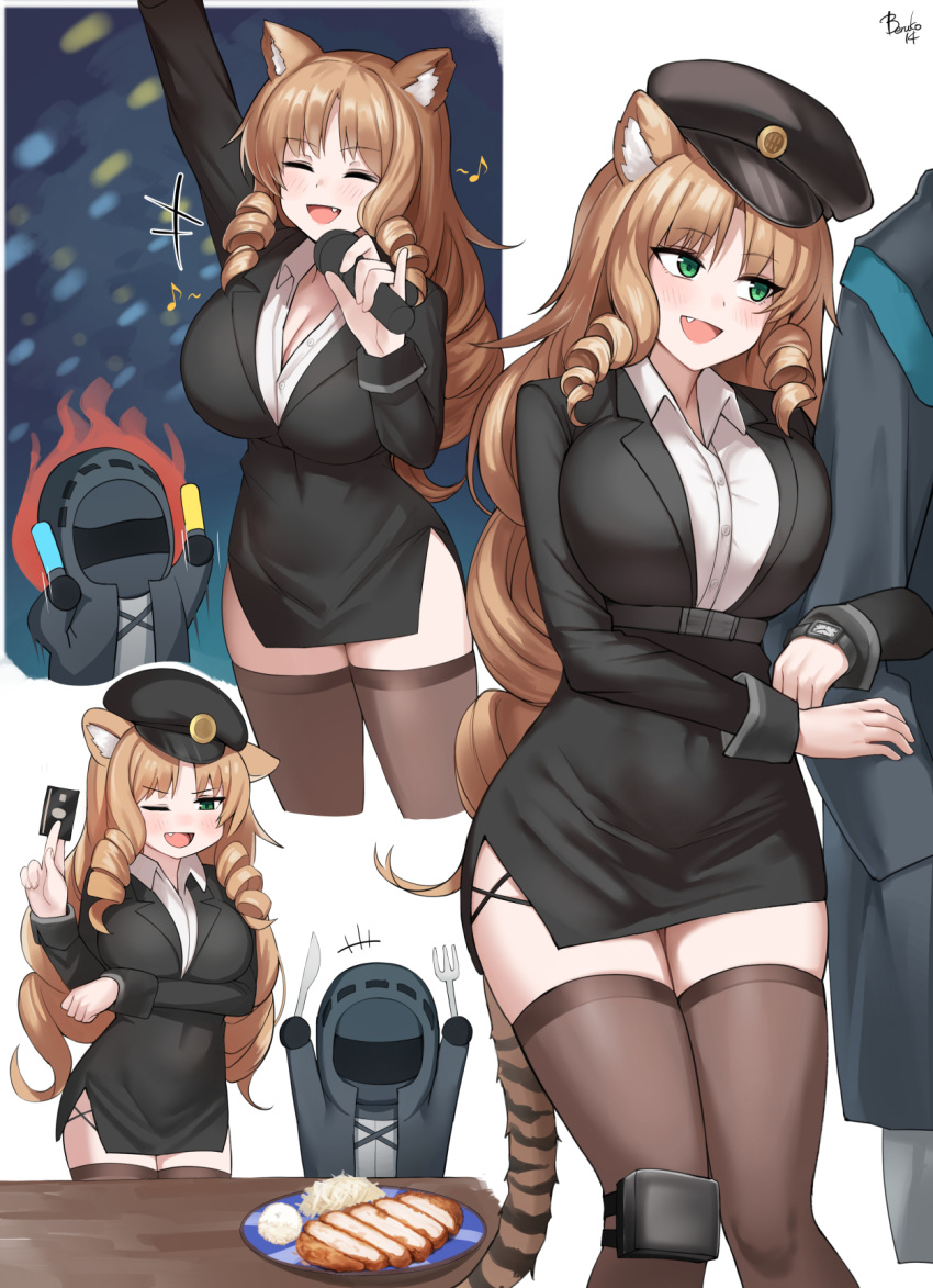 +++ 1girl 1other :d ;d ambiguous_gender animal_ears arknights artist_name beamed_eighth_notes belt beret beruko14 black_belt black_dress black_headwear black_legwear blonde_hair blush breasts cowboy_shot cropped_legs doctor_(arknights) dress drill_hair fang feet_out_of_frame fork green_eyes hat highres holding holding_fork holding_glowstick holding_knife holding_microphone knife large_breasts locked_arms long_hair microphone multiple_views music musical_note one_eye_closed open_mouth shirt singing single_knee_pad smile swire_(arknights) table tail thighhighs thighs tiger_ears tiger_girl tiger_tail tonkatsu twin_drills very_long_hair watch white_shirt wristwatch
