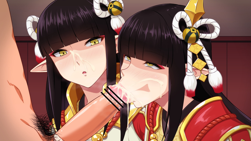1boy 2girls :&gt;= bar_censor black_hair censored cum cum_in_mouth erection facial fellatio hair_ornament highres hime_cut hinoa hou_(hachiyou) japanese_clothes makeup minoto monster_hunter_(series) monster_hunter_rise multiple_girls oral overflow penis pointless_censoring pointy_ears pubic_hair rolling_eyes yellow_eyes