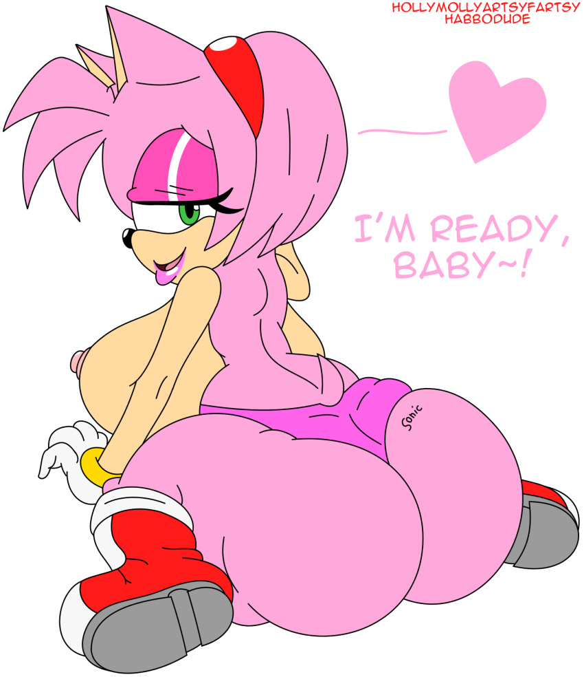 amy_rose anthro bedroom_eyes big_breasts big_butt breasts butt dialogue erect_nipples eulipotyphlan eyeshadow female habbodude hedgehog hi_res huge_breasts huge_butt lips lipstick looking_at_viewer looking_back makeup mammal narrowed_eyes nipples open_mouth open_smile seductive smile solo sonic_the_hedgehog_(series)
