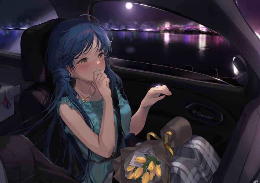 1girl aqua_dress bangs blue_hair blush car_interior dress flower hands_up highres horizon idolmaster idolmaster_million_live! idolmaster_million_live!_theater_days jewelry kitakami_reika long_hair necklace night nys reflection ring shadow solo tulip upper_body yellow_flower