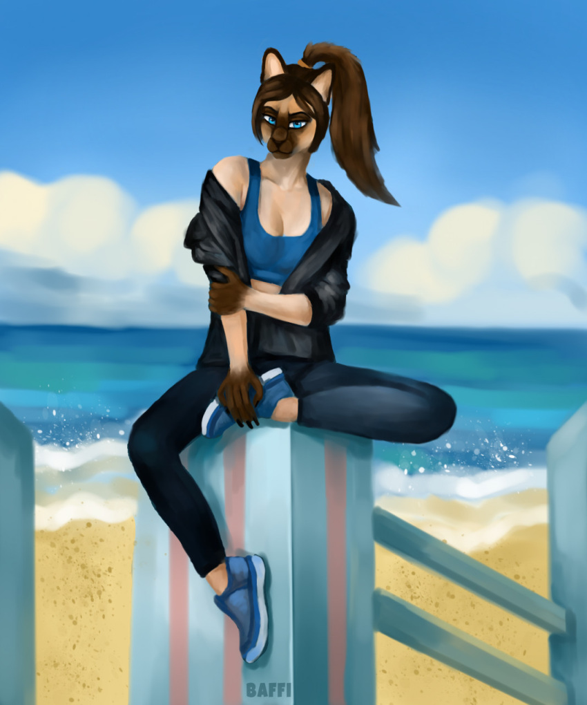 2021 anthro beach better_version_at_source biped black_clothing black_jacket black_topwear blue_clothing blue_eyes blue_footwear blue_shoes bottomwear brown_hair clothing cloud denim denim_clothing detailed_background felid feline female footwear hair hi_res jacket jeans lora_mclaren mammal outside pants sand seaside shoes sitting sky solo topwear water