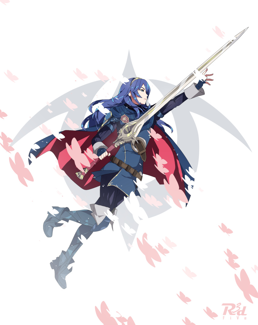 1girl absurdres armor artist_logo bangs belt blue_cape blue_dress blue_eyes blue_footwear blue_gloves blue_hair bodystocking boots breasts brown_belt bug butterfly cape chinese_commentary closed_mouth commentary_request dress english_commentary falchion_(fire_emblem) fingerless_gloves fire_emblem fire_emblem_awakening floating full_body gloves gold_trim highres holding holding_sword holding_weapon insect knee_boots leather_belt long_hair long_sleeves looking_to_the_side lucina_(fire_emblem) mixed-language_commentary outstretched_arm r3dfive shiny shiny_hair short_dress shoulder_armor sidelocks sleeve_cuffs solo swept_bangs sword tiara weapon white_background