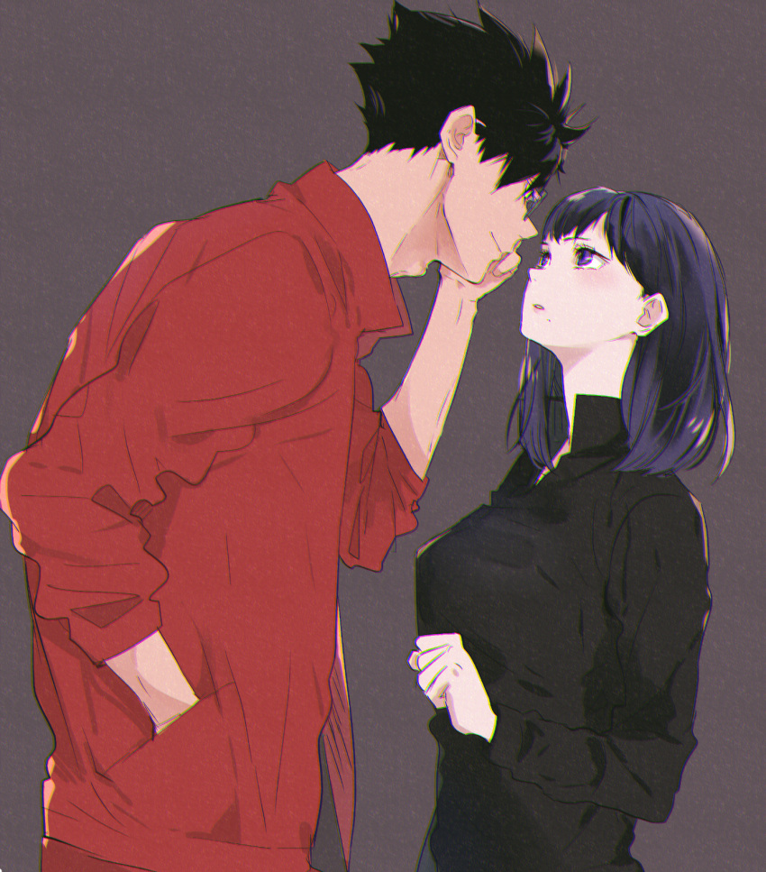 1boy 1girl adam's_apple arm_up black_hair black_jacket borrowed_garments breasts clenched_hand ebi_(eeemimn) eye_contact eyewear_switch haikyuu!! hand_in_pocket hand_up height_difference highres jacket kuroo_tetsurou long_sleeves looking_at_another medium_hair mole mole_under_mouth no_eyewear parted_lips red_jacket shimizu_kiyoko short_hair simple_background smile source_request track_jacket upper_body
