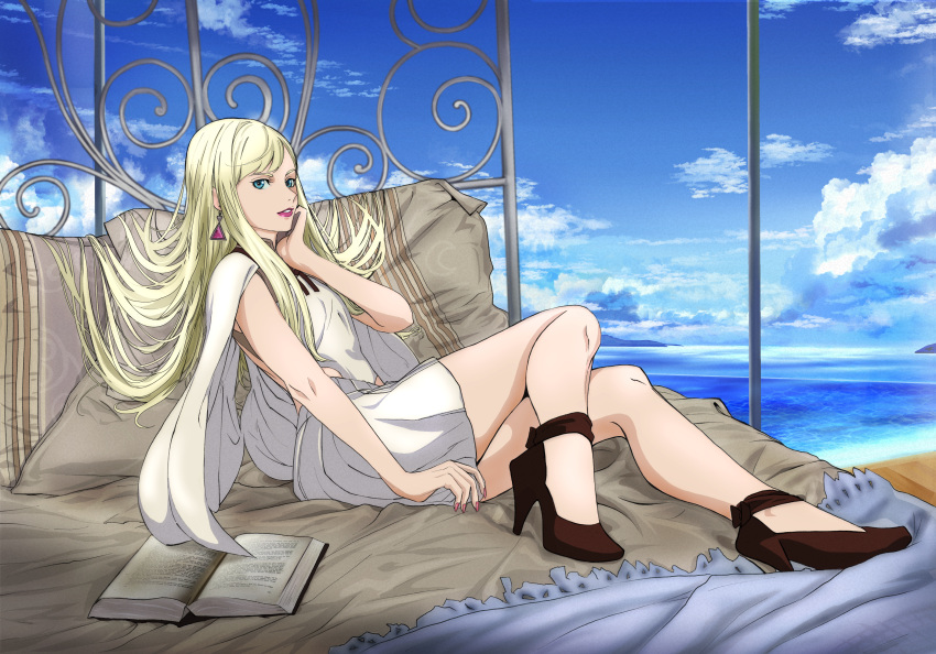 1girl absurdres aqua_eyes black_footwear blonde_hair book cloud dress earrings gigi_andalusia gundam gundam_hathaway's_flash hand_on_own_face high_heels highres huge_filesize jewelry kou_(spad7u59) long_hair looking_at_viewer on_bed parted_lips sitting sky solo triangle_earrings white_dress