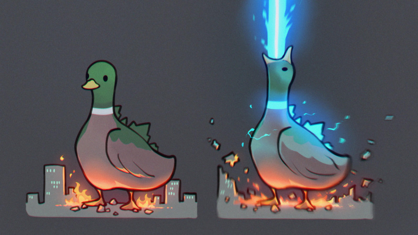 ambiguous_gender anatid anseriform avian bird city destruction duck feral fire glowing godzilla godzilla_(series) hi_res macro neytirix solo toho