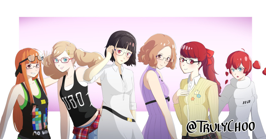 6+girls absurdres adjusting_eyewear ahoge arm_up bangs bare_shoulders behind-the-head_headphones beige_cardigan belt black_belt black_tank_top black_undershirt black_vest blonde_hair blue_legwear blunt_bangs blush border bow bra braid brown_hair cardigan collar collared_dress collared_shirt crown_braid curly_hair denim detached_hair dress dress_shirt eyewear_on_head from_side glasses gradient gradient_background green_tank_top green_vest hair_bow hair_ornament hairclip hand_on_hip hand_on_own_chest hand_up happy head_tilt headphones heart high_ponytail highres hime_cut holding holding_eyewear hood hood_down hoodie jeans long_hair long_sleeves looking_back midriff multiple_girls niijima_makoto okumura_haru orange_hair pants parted_lips persona persona_5 persona_5_scramble:_the_phantom_strikers persona_5_the_royal pink_background plaid plaid_skirt ponytail purple_sweater red_bow red_eyes red_hair sakura_futaba shiny shiny_hair shirt short_hair shuujin_academy_uniform simple_background skirt sleeveless_sweater sleeves_rolled_up smile sophia_(p5s) strapless strapless_bra sweater swept_bangs takamaki_anne tank_top teeth tetris trulychoo turning_head turtleneck turtleneck_sweater twintails twitter_username underwear v_arms vest watermark white_border white_bra white_dress white_hoodie white_shirt white_sleeves yoshizawa_kasumi