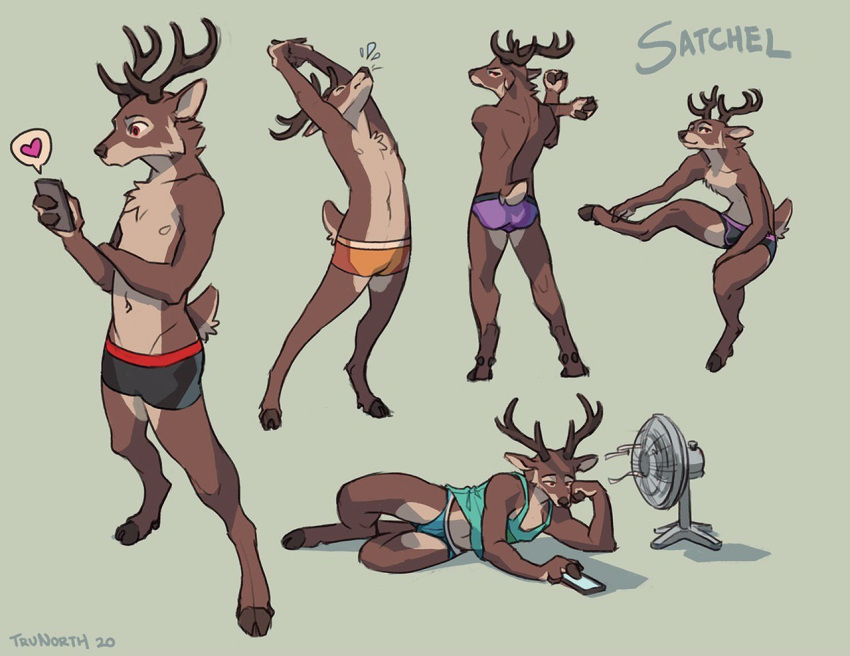 &lt;3 2020 anthro antlers briefs bulge capreoline cellphone cervid clothing countershading hooves horn male mammal phone satchel_(character) shirt solo stretching tank_top topwear trunorth underwear white-tailed_deer