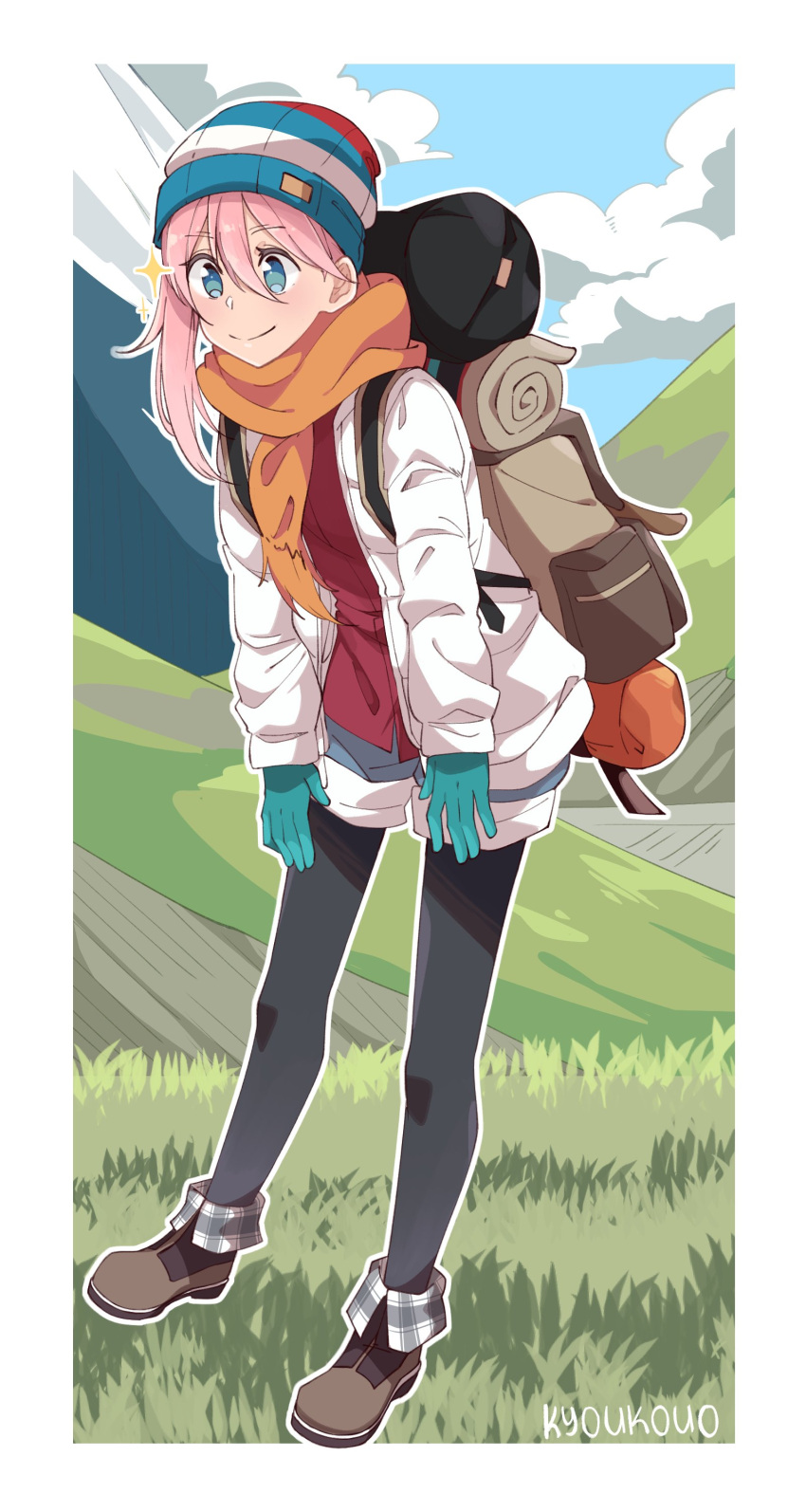 1girl absurdres arms_at_sides asymmetrical_hair backpack bag bangs black_legwear blue_eyes blue_gloves boots border closed_mouth cloud commentary_request denim denim_shorts eyebrows_visible_through_hair eyes_visible_through_hair gloves grass hair_between_eyes highres jacket kagamihara_nadeshiko kyoukouo long_hair long_sleeves mountain multicolored multicolored_clothes orange_scarf pantyhose pink_hair red_shirt scarf shirt shorts signature sky sleeping_bag smile solo standing star_(symbol) striped translucent_hair white_jacket woollen_cap yurucamp