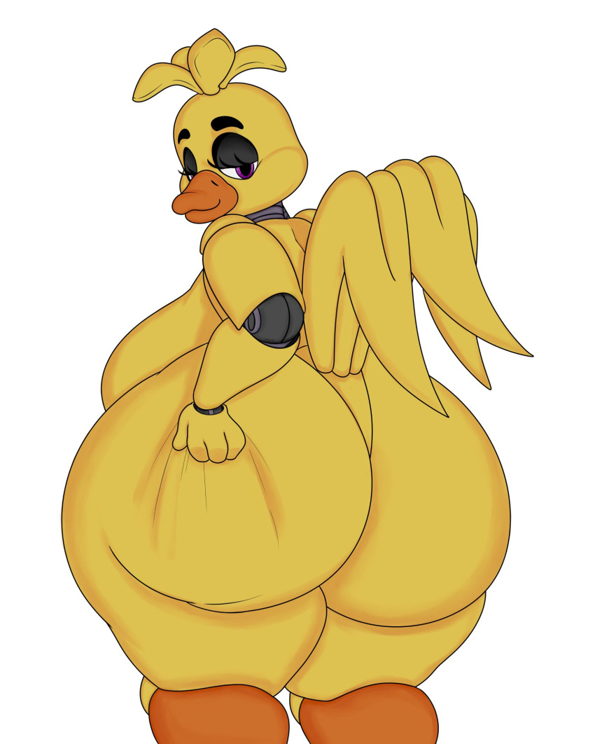 2020 4_fingers animatronic anthro avian beak bedroom_eyes big_breasts big_butt bird black_eyebrows breasts butt butt_grab chica_(fnaf) chicken curvy_figure eyebrows feathers female fingers five_nights_at_freddy's galliform gallus_(genus) hand_on_butt hi_res huge_breasts huge_butt looking_back machine narrowed_eyes non-mammal_breasts orange_beak overweight overweight_anthro overweight_female phasianid purple_eyes robot seductive side_boob simple_background smile solo spicysausages tail_feathers thick_thighs video_games voluptuous white_background wide_hips yellow_body yellow_feathers