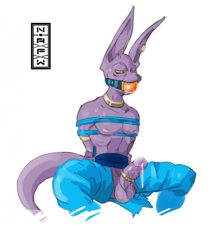 anthro ball_gag bdsm beerus blush bodily_fluids bondage bound domestic_cat dragon_ball dragon_ball_super drooling erection felid feline felis gag gagged genital_fluids hairless hairless_cat hi_res male mammal not-reccomendable-for-work precum rope rope_bondage saliva solo sphynx_(cat) submissive submissive_male sweat