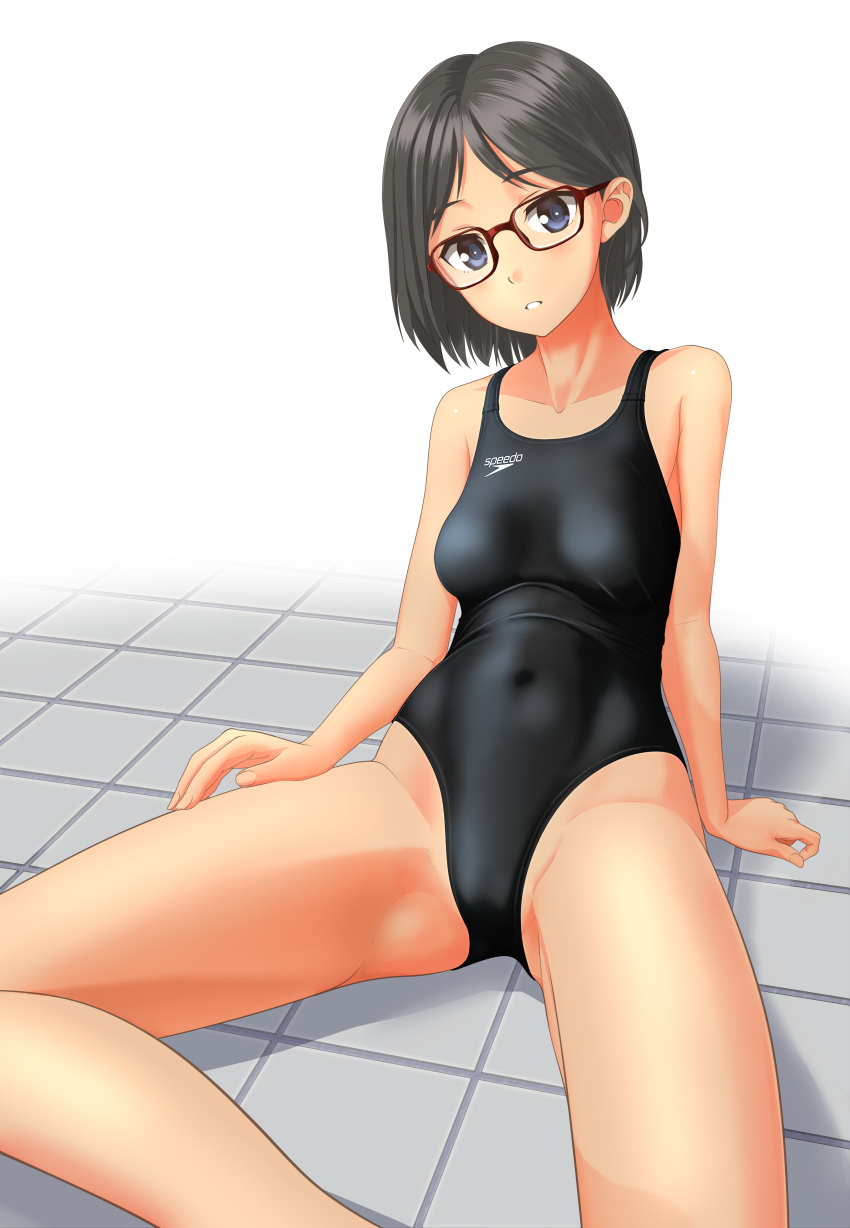 1girl absurdres black-framed_eyewear black_eyes black_hair black_swimsuit breasts clothes_writing collarbone commentary_request cowboy_shot glasses highres looking_at_viewer medium_breasts original parted_lips short_hair simple_background sitting solo speedo_(company) swimsuit takafumi tile_floor tiles white_background