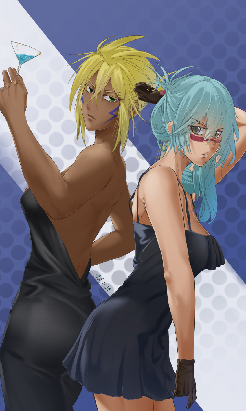 2girls absurdres arm_behind_head avil_frey backless_dress backless_outfit black_dress black_gloves bleach blonde_hair commentary cup dark-skinned_female dark_skin dated dress drinking_glass english_commentary facial_mark gloves green_eyes green_hair grey_eyes hair_between_eyes highres holding holding_cup long_hair looking_at_viewer multiple_girls nelliel_tu_odelschwanck short_dress short_hair signature spaghetti_strap tier_harribel wine_glass
