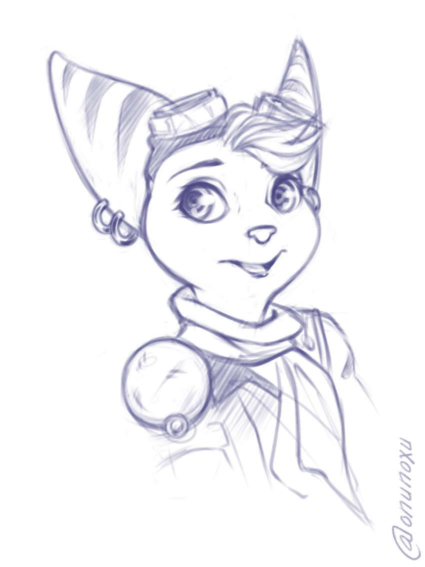 anthro drawing ear_piercing ear_ring female hair hi_res lombax looking_at_viewer mammal markings monochrome noxu piercing ratchet_and_clank rivet_(ratchet_and_clank) scarf short_hair simple_background sketch smile solo sony_corporation sony_interactive_entertainment video_games