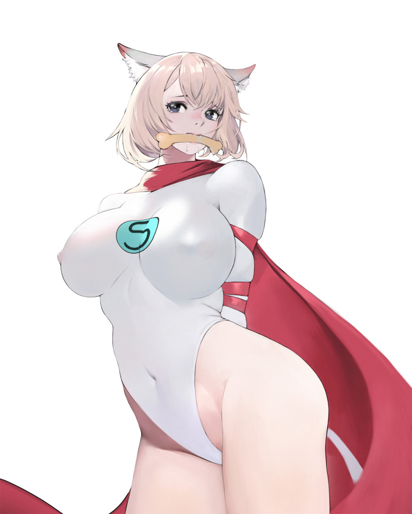 1girl animal_ears arms_behind_back blonde_hair blue_eyes bobobong bone breasts cape covered_navel covered_nipples crayon_shin-chan highleg highleg_leotard highres large_breasts leotard looking_at_viewer mouth_hold personification restrained saliva shiro_(shin-chan) short_hair simple_background solo white_background white_leotard