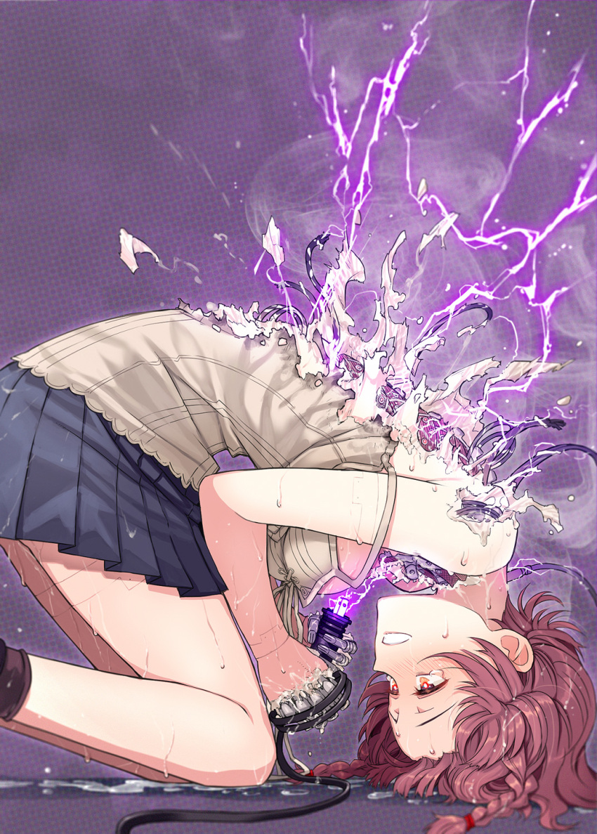 android android_girl_(itou) bad_id bad_twitter_id black_skirt blush braid camisole curled_up electricity explosion from_side highres itou_(onsoku_tassha) joints mechanical_parts melting miniskirt open_mouth original red_eyes red_hair robot_joints short_hair side_braid skirt strap_slip sweat tears