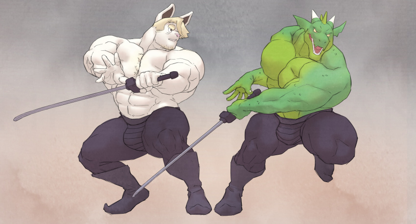 2021 abs action_pose anthro barazoku big_muscles boots bottomwear bulge clothed clothing dragon duo footwear grey_background hair hi_res horn huge_muscles lagomorph leporid male mammal melee_weapon muscular muscular_anthro muscular_male open_mouth pants pecs pose rabbit rg01_(undertale) rg02_(undertale) ripped-saurian scalie simple_background sword thick_thighs tight_bottomwear tight_clothing tight_pants topless topless_male undertale video_games weapon