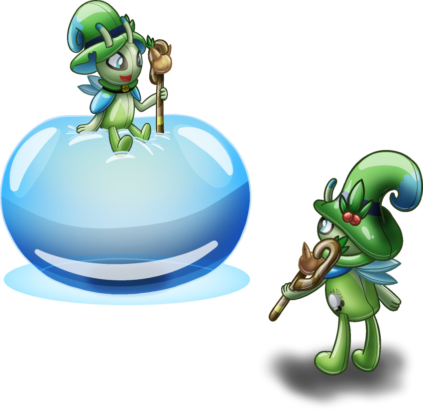 alpha_channel ambiguous_gender animate_inanimate bladedragoon7575 bubble celebi clone clothing duo hat headgear headwear hexatoy hi_res holding_object holding_staff inflatable legendary_pok&eacute;mon living_inflatable nintendo nozzle pok&eacute;mon pok&eacute;mon_(species) printed_eyes simple_background sitting_on_object staff transparent_background video_games