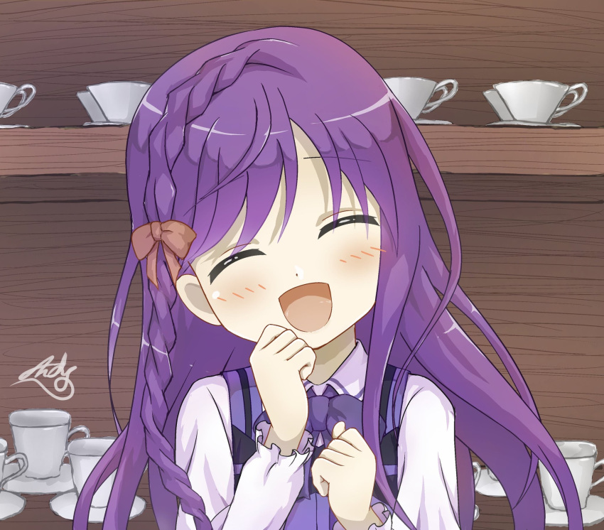 1girl alternate_hairstyle andy(user_pcmn5375) closed_eyes coffee_mug cup gochuumon_wa_usagi_desu_ka? hair_ribbon hands_up highres mug open_mouth purple_hair purple_vest rabbit_house_uniform ribbon smile solo tedeza_rize vest