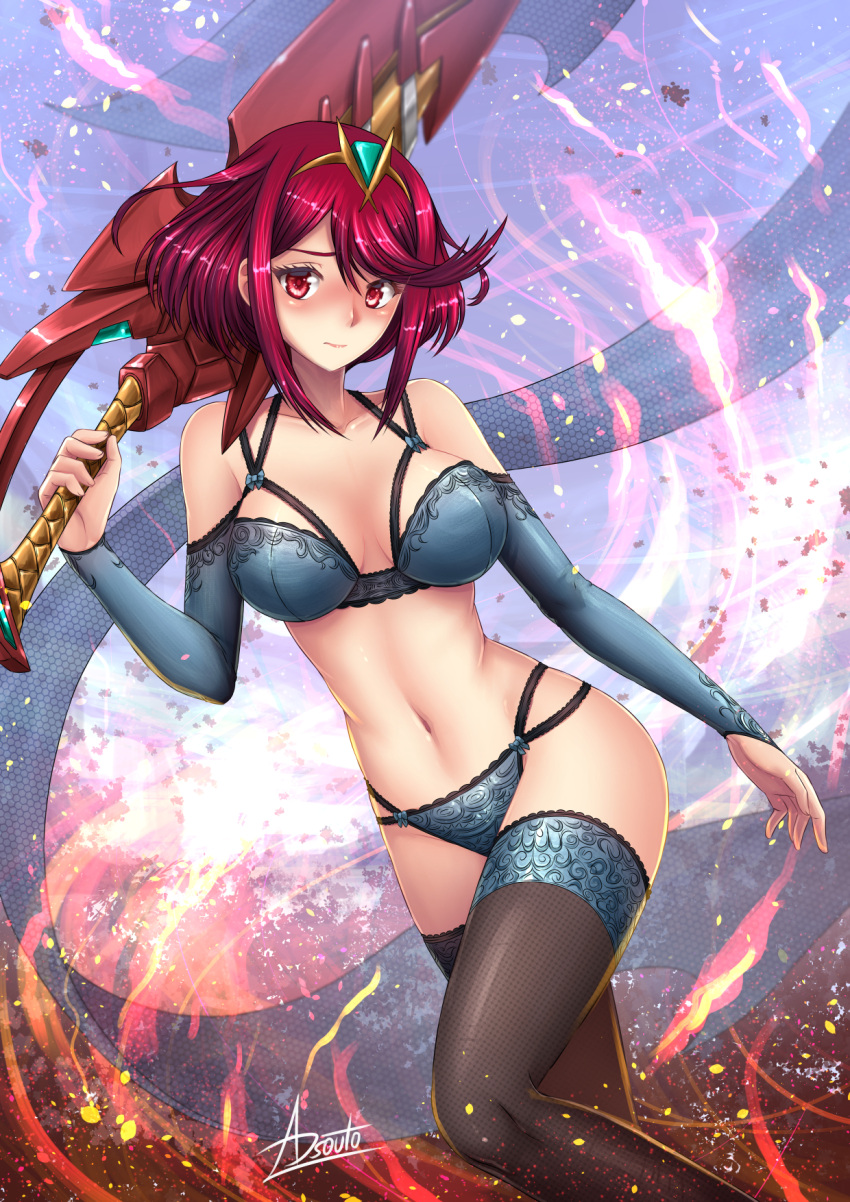 adsouto bra homura_(xenoblade_2) lingerie pantsu sword thighhighs xenoblade xenoblade_chronicles_2