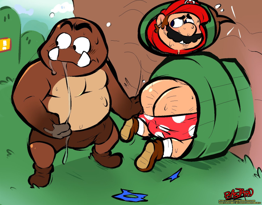 benny_(wanderer-of-time) blush bodily_fluids butt duo goomba imminent_sex male mario mario_bros nintendo pulling_down_pants saliva saliva_string shirtless stuck sweat torquewintress video_games