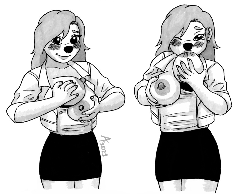 aaronhibiki anthro areola big_areola black_and_white black_bottomwear black_clothing black_skirt blush bottomwear breast_fondling breast_grab breast_play breast_squish breast_suck breasts canid canine canis clothing curvaceous curvy_figure disney domestic_dog erect_nipples exposed_breasts female fondling goof_troop hand_on_breast hi_res holding_breast hourglass_figure jacket looking_at_viewer looking_pleasured love mammal miniskirt monochrome nipple_fetish nipple_play nipple_suck nipples one_eye_obstructed orgasm orgasm_face presenting presenting_breasts roxanne_(goof_troop) self_breast_suck self_suckle skirt solo squish sucking tears_of_pleasure thick_thighs topwear voluptuous