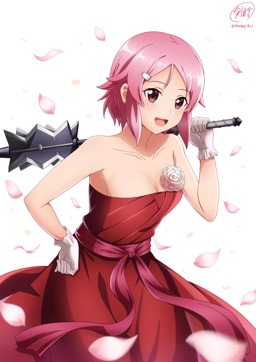 1girl :d bangs belt breasts cleavage collarbone commentary_request dress flower freckles gloves hair_ornament hairclip hand_on_hip hand_up highres holding holding_weapon ken-ji lisbeth looking_at_viewer mace open_mouth petals pink_belt pink_hair red_dress short_hair signature simple_background sleeveless sleeveless_dress smile solo strapless strapless_dress sword_art_online weapon white_background white_flower white_gloves