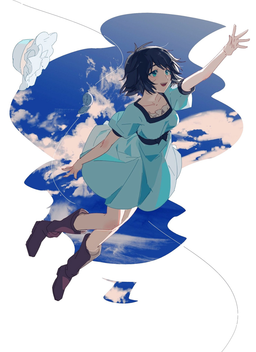 1girl aibivy bangs black_hair blue_dress blue_eyes blue_headwear blue_sky boots breasts brown_footwear cloud collarbone commentary_request dress eyebrows_visible_through_hair full_body hat hat_removed headwear_removed highres looking_away open_mouth pocket_watch reaching_out shiina_mayuri short_hair short_sleeves simple_background sky smile solo steins;gate watch white_background wind
