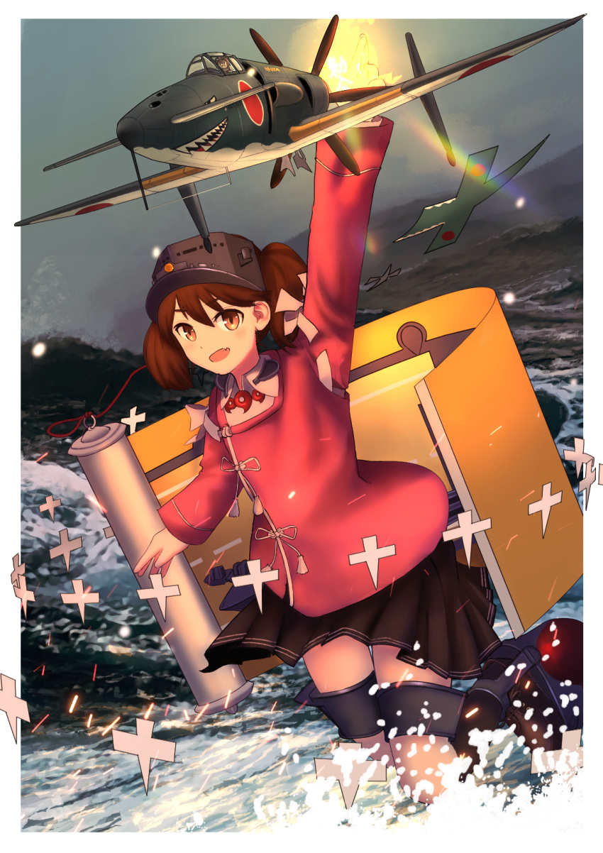 1girl aircraft airplane brown_hair brown_skirt cloud cloudy_sky highres j7w_shinden japanese_clothes kantai_collection kariginu looking_at_viewer magatama outdoors pleated_skirt red_shirt ryuujou_(kancolle) scroll shikigami shirt skirt sky smile solo timmyyen twintails visor_cap water waves