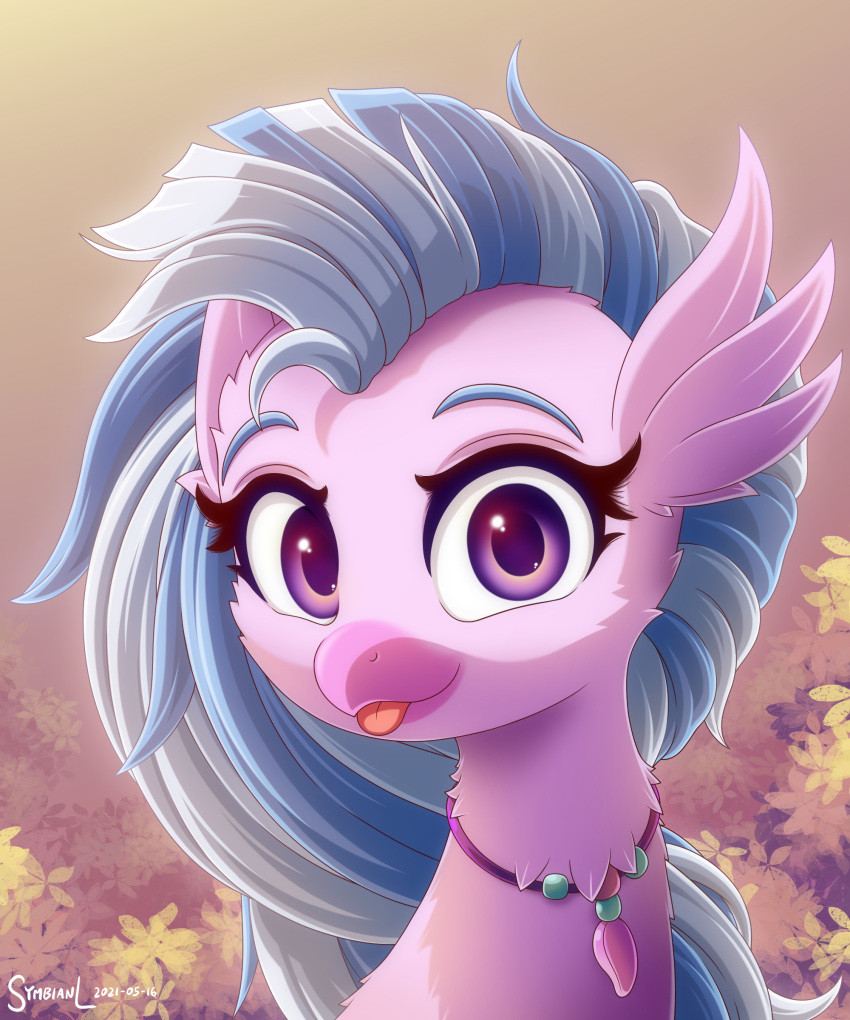 2021 absurd_res avian beak blep digital_media_(artwork) european_mythology eyelashes female friendship_is_magic greek_mythology hasbro headshot_portrait hi_res hippogriff jewelry looking_at_viewer my_little_pony mythological_avian mythology necklace portrait purple_eyes silverstream_(mlp) smile solo symbianl tongue tongue_out