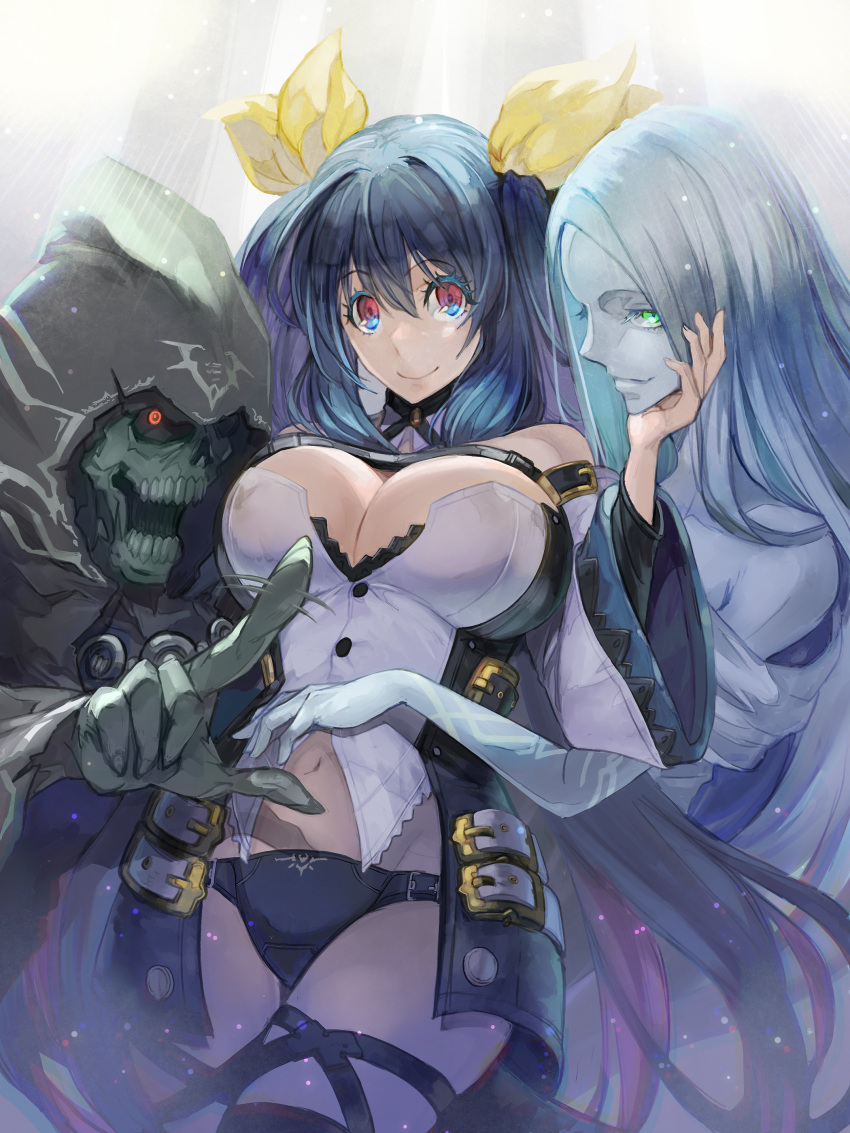 1boy 2girls absurdres bangs bare_shoulders belt black_panties blue_hair bow breasts choker cleavage clothing_cutout dizzy_(guilty_gear) eyebrows_visible_through_hair eyelashes green_eyes guilty_gear guilty_gear_xrd hair_between_eyes hair_bow highres huge_filesize large_breasts long_hair midriff multiple_belts multiple_girls navel necro_(guilty_gear) panties pos red_eyes skull smile sunlight thigh_strap thighhighs twintails underwear undine_(guilty_gear) wide_sleeves wings yellow_bow