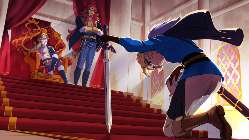 1girl 2boys alternate_universe blonde_hair boots bowing cape curtains frown ganondorf gloves gold green_eyes highres hood jewelry link multiple_boys pants pillar princess_zelda red_carpet red_hair sheath smile stained_glass stairs sword the_legend_of_zelda throne throne_room weapon